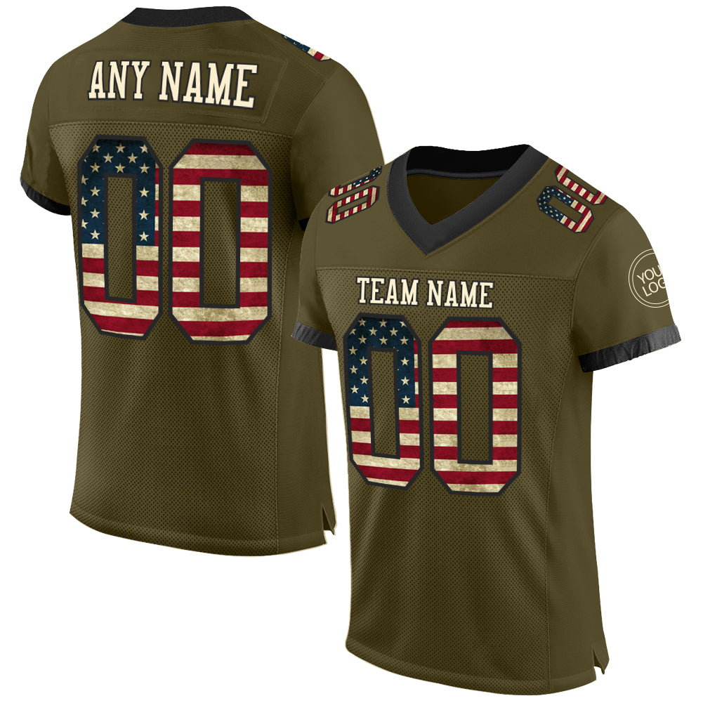 Custom Olive Vintage USA Flag Cream-Black Mesh Authentic Salute To Service Football Jersey - Main View