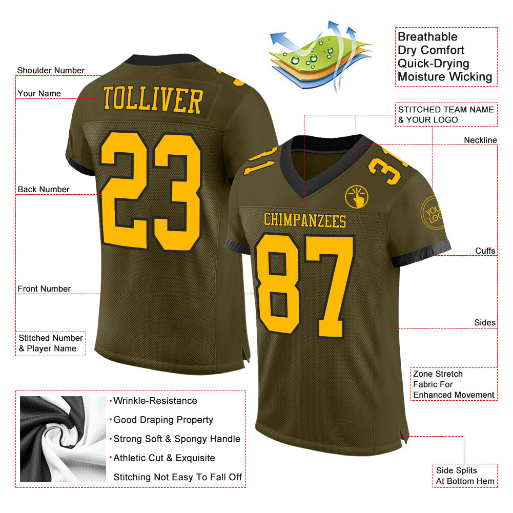 Custom Olive Gold-Black Mesh Authentic Salute To Service Football Jersey view 2