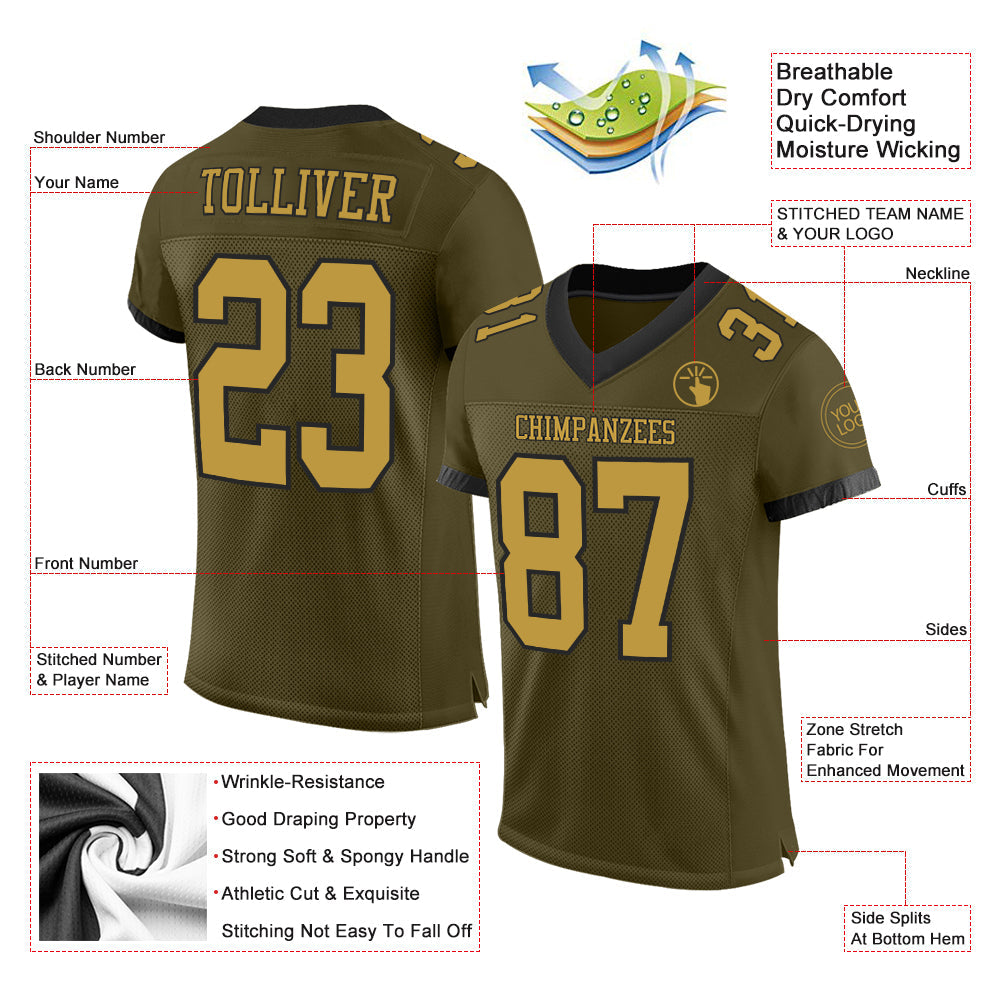Custom Olive Old Gold-Black Mesh Authentic Salute To Service Football Jersey view 2