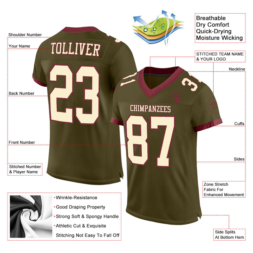 Custom Olive Cream-Burgundy Mesh Authentic Salute To Service Football Jersey view 2