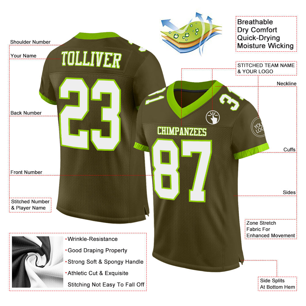 Custom Olive White-Neon Green Mesh Authentic Salute To Service Football Jersey view 2
