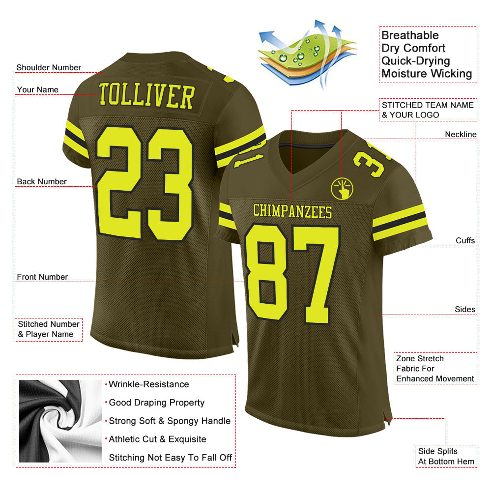 Custom Olive Neon Yellow-Black Mesh Authentic Salute To Service Football Jersey view 2