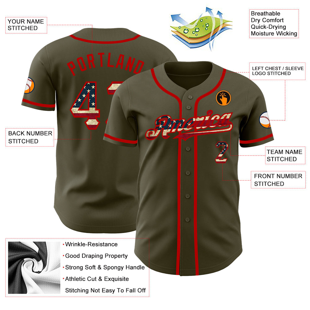 Custom Olive Vintage USA Flag-Red Authentic Salute To Service Baseball Jersey view 3