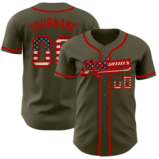 Custom Olive Vintage USA Flag-Red Authentic Salute To Service Baseball Jersey - Main View