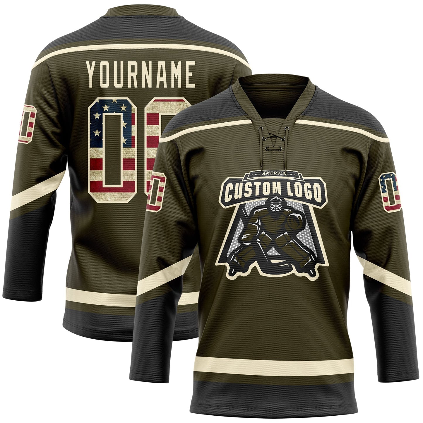 Custom Olive Vintage USA Flag Cream-Black Salute To Service Hockey Lace Neck Jersey view 2