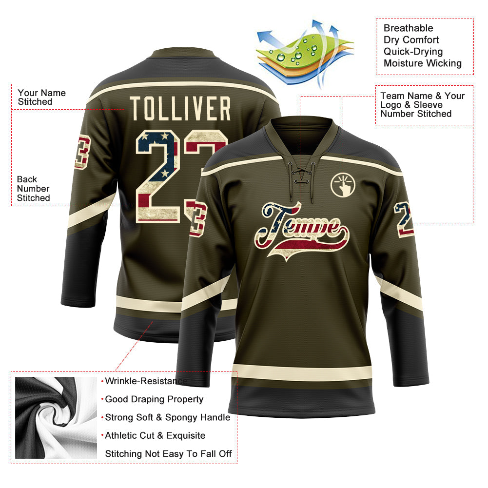 Custom Olive Vintage USA Flag Cream-Black Salute To Service Hockey Lace Neck Jersey view 3
