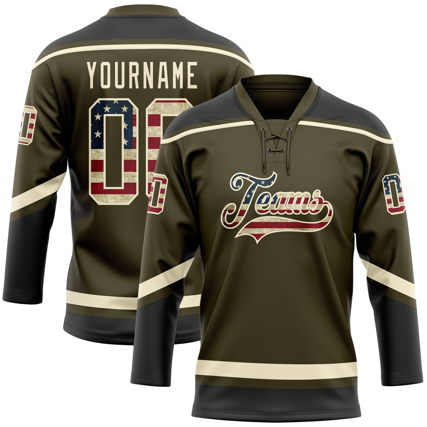 Custom Olive Vintage USA Flag Cream-Black Salute To Service Hockey Lace Neck Jersey - Main View
