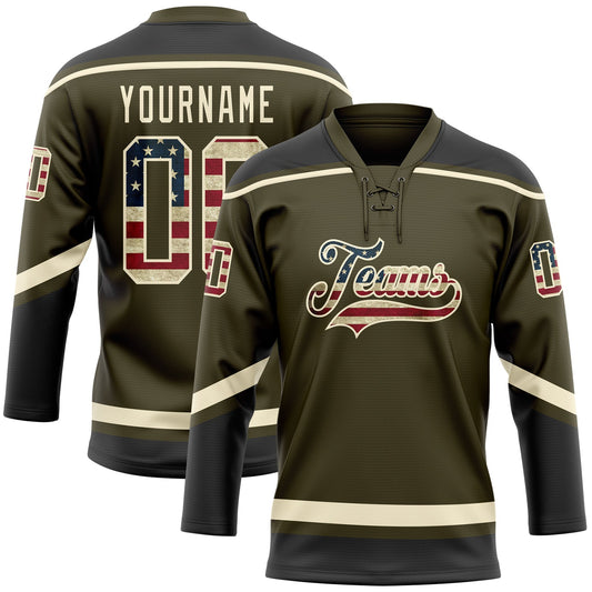 Custom Olive Vintage USA Flag Cream-Black Salute To Service Hockey Lace Neck Jersey - Main View