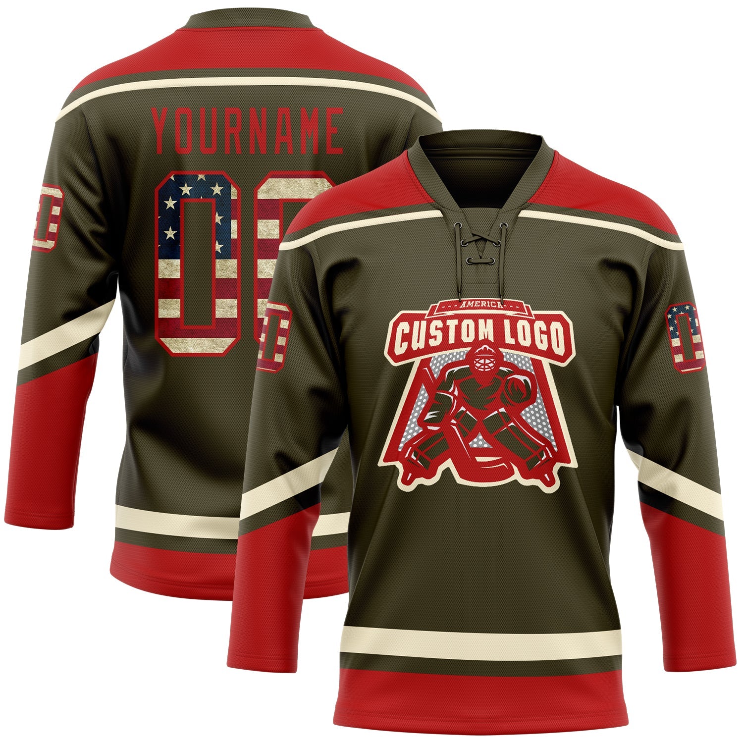 Custom Olive Vintage USA Flag Red-Cream Salute To Service Hockey Lace Neck Jersey view 2
