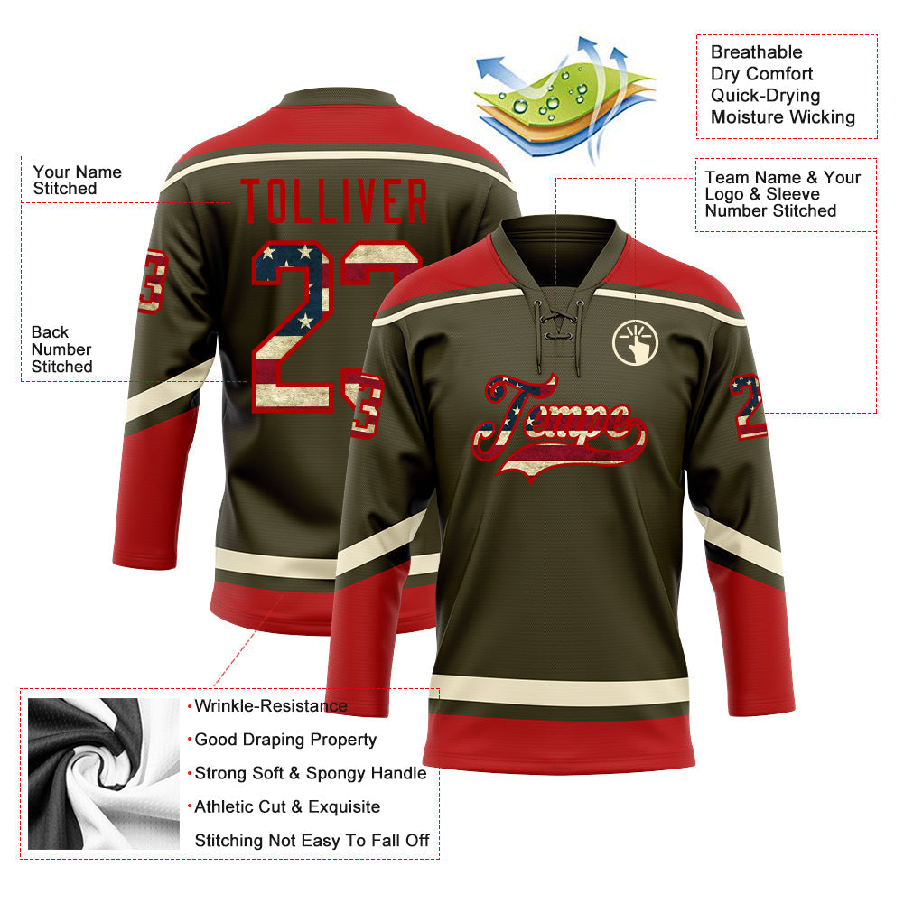 Custom Olive Vintage USA Flag Red-Cream Salute To Service Hockey Lace Neck Jersey view 3