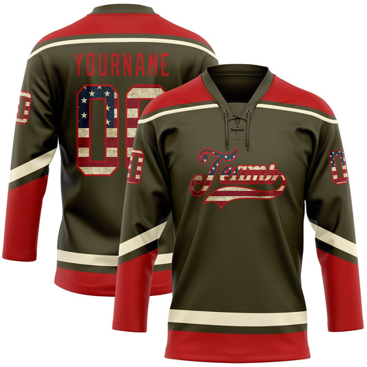Custom Olive Vintage USA Flag Red-Cream Salute To Service Hockey Lace Neck Jersey - Main View