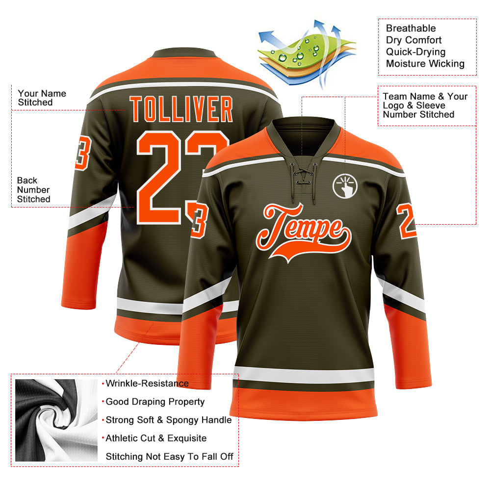 Custom Olive Orange-White Salute To Service Hockey Lace Neck Jersey view 3
