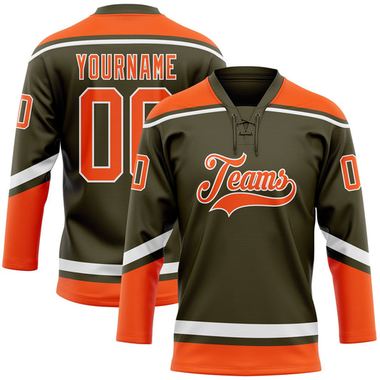 Custom Olive Orange-White Salute To Service Hockey Lace Neck Jersey - Main View
