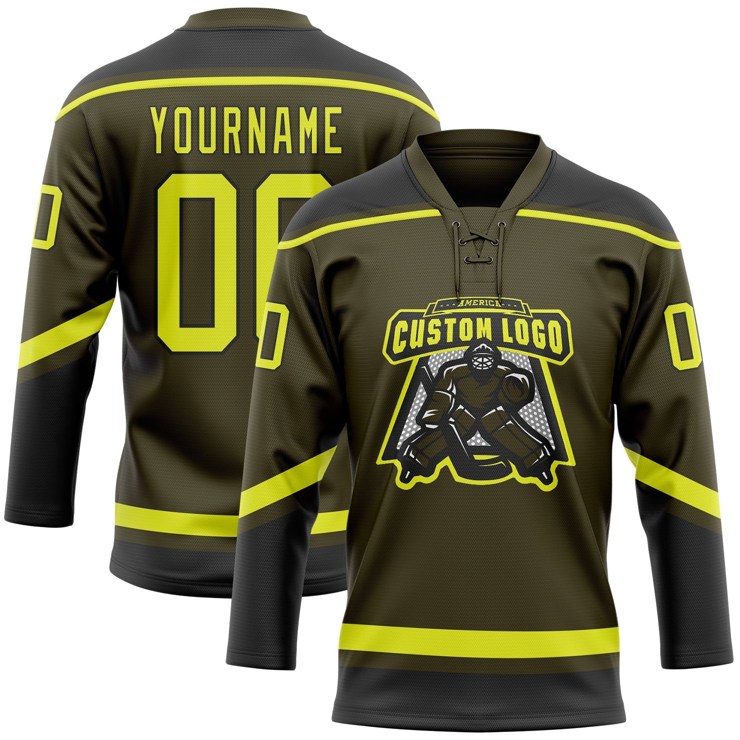 Custom Olive Neon Yellow-Black Salute To Service Hockey Lace Neck Jersey view 2