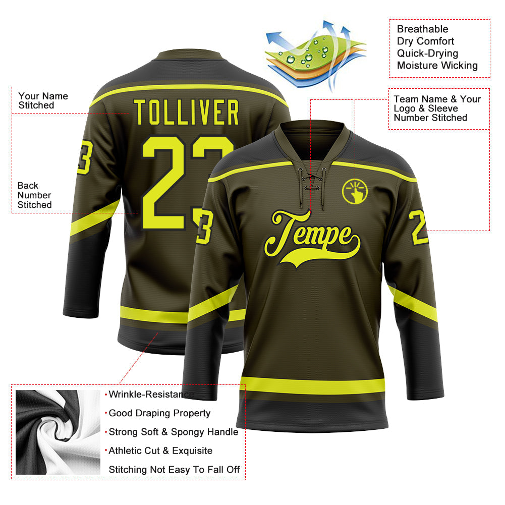 Custom Olive Neon Yellow-Black Salute To Service Hockey Lace Neck Jersey view 3