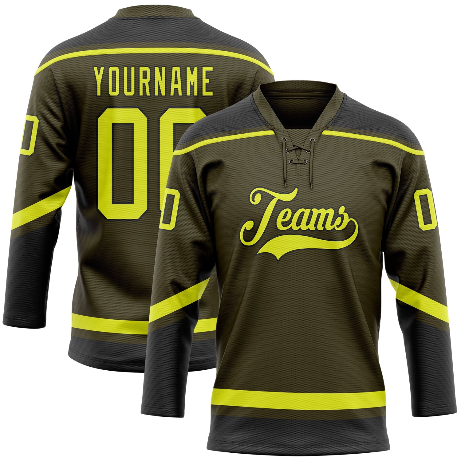 Custom Olive Neon Yellow-Black Salute To Service Hockey Lace Neck Jersey - Main View