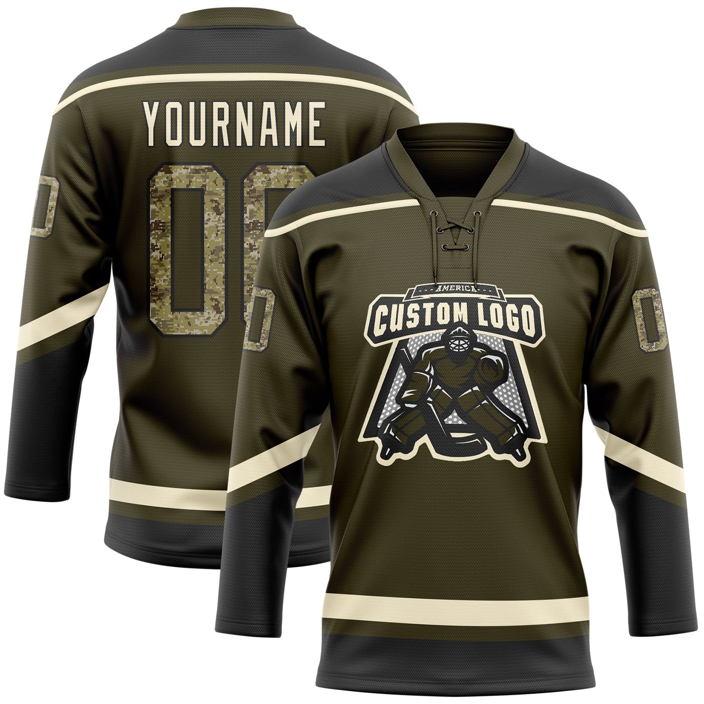 Custom Olive Camo Black-Cream Salute To Service Hockey Lace Neck Jersey view 2