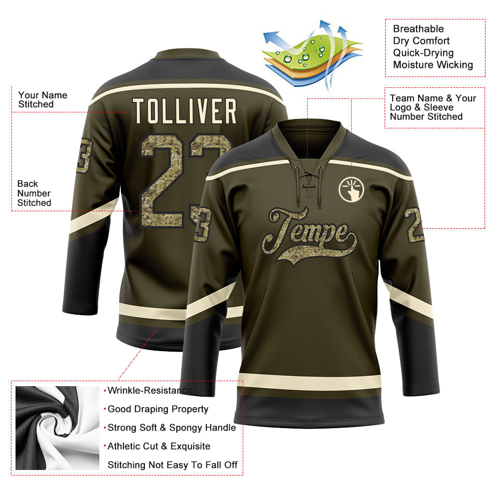Custom Olive Camo Black-Cream Salute To Service Hockey Lace Neck Jersey view 3