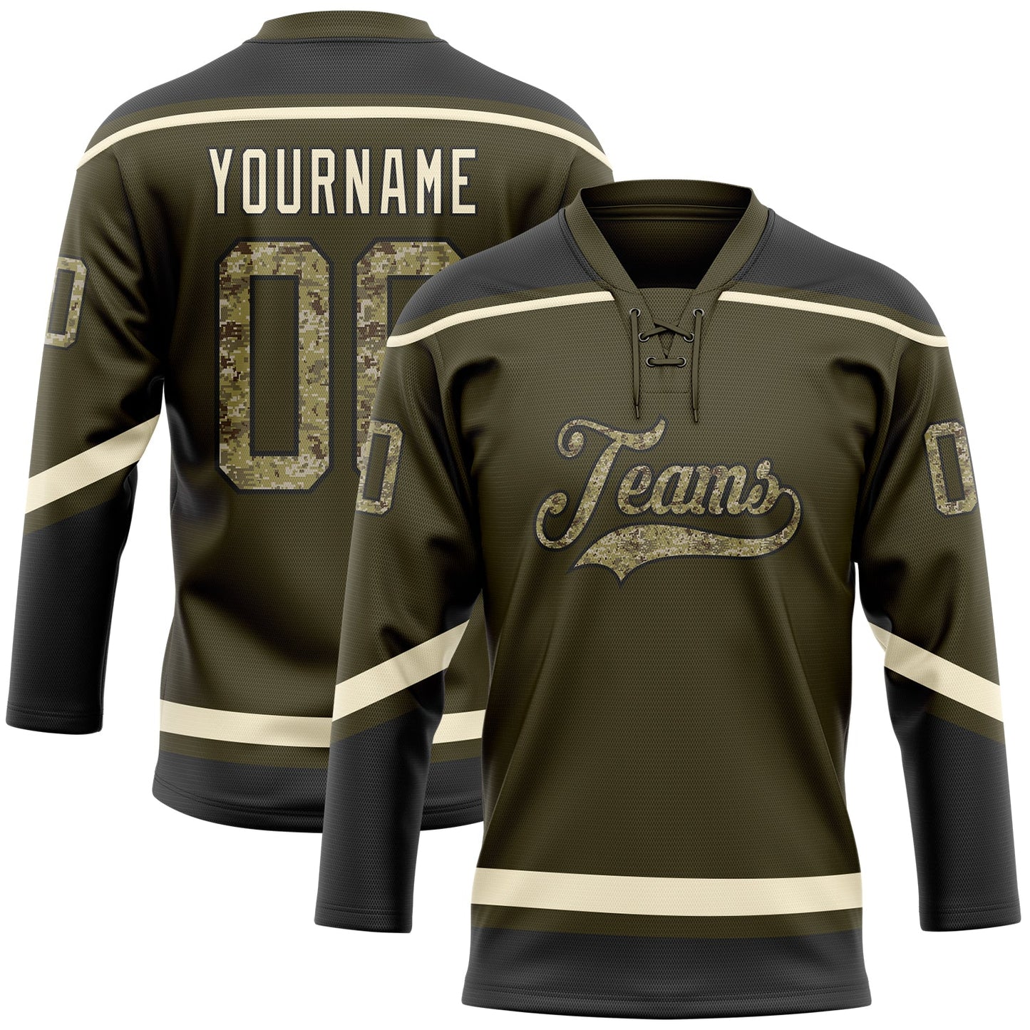 Custom Olive Camo Black-Cream Salute To Service Hockey Lace Neck Jersey - Main View