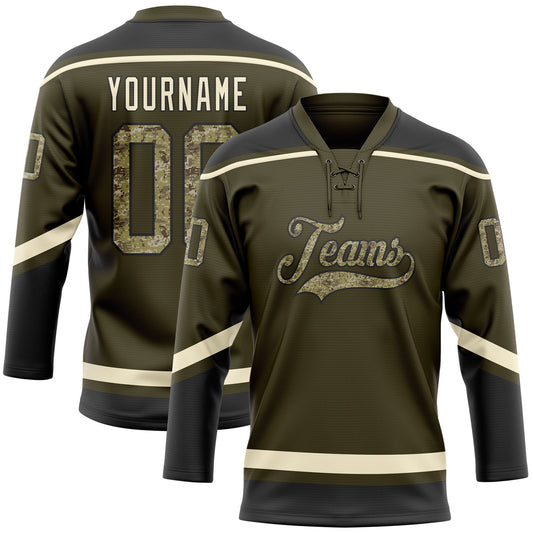 Custom Olive Camo Black-Cream Salute To Service Hockey Lace Neck Jersey - Main View