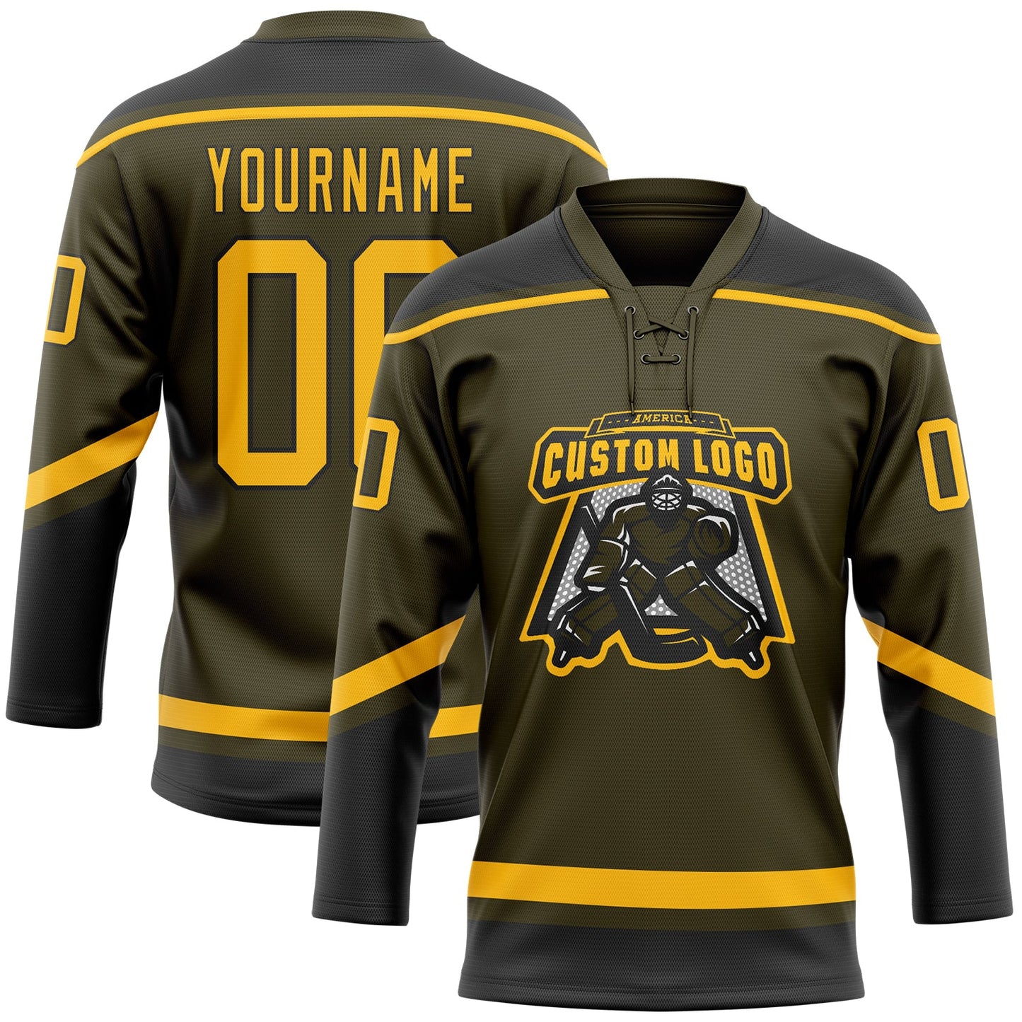 Custom Olive Gold-Black Salute To Service Hockey Lace Neck Jersey view 2