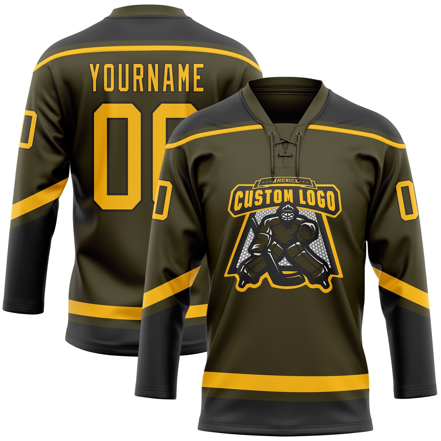 Custom Olive Gold-Black Salute To Service Hockey Lace Neck Jersey view 2