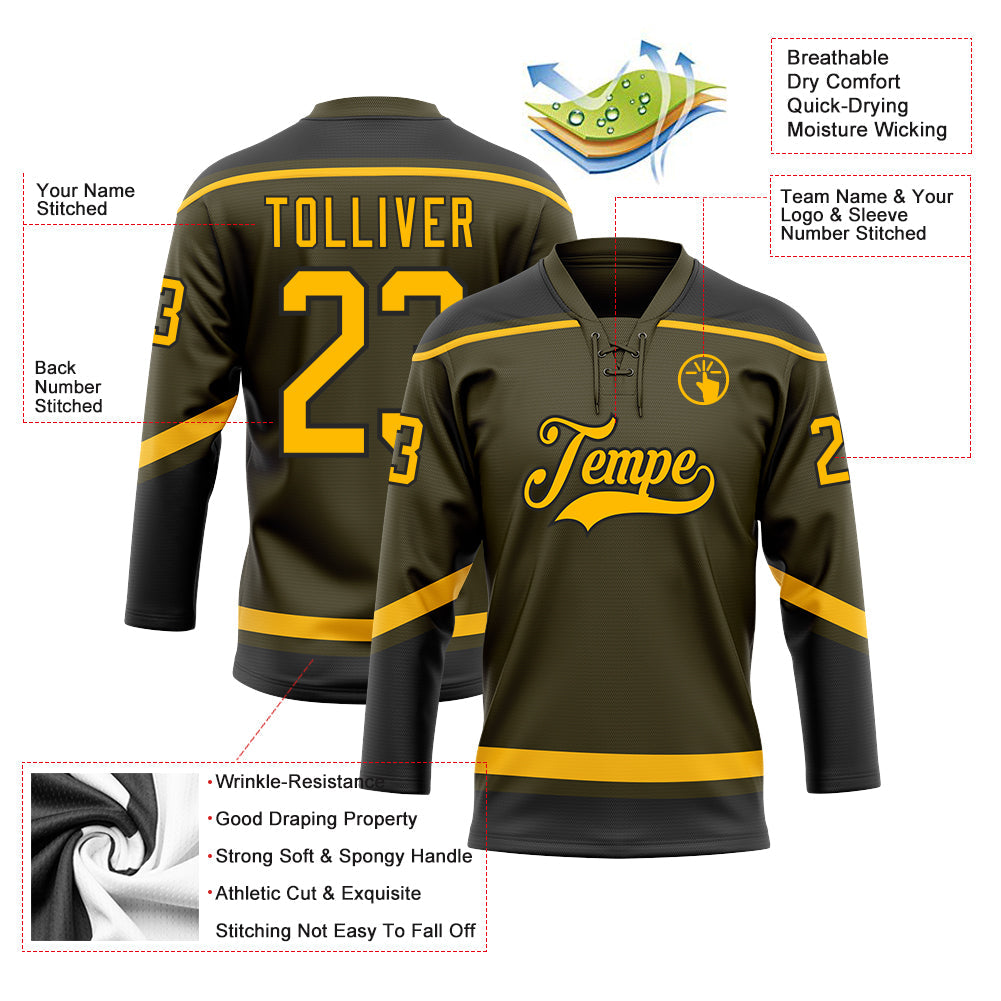 Custom Olive Gold-Black Salute To Service Hockey Lace Neck Jersey view 3