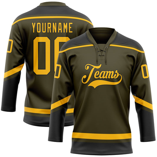 Custom Olive Gold-Black Salute To Service Hockey Lace Neck Jersey - Main View