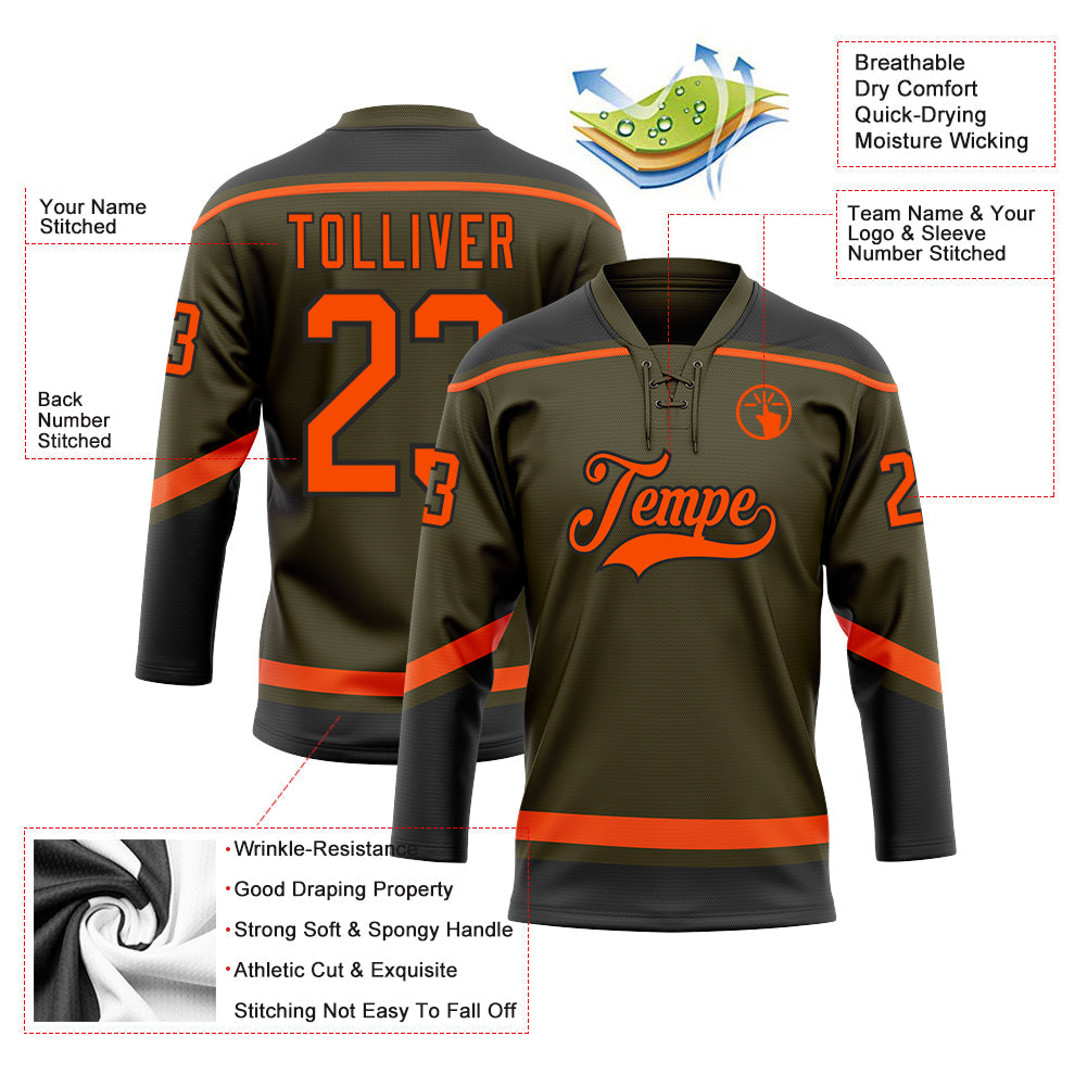 Custom Olive Orange-Black Salute To Service Hockey Lace Neck Jersey view 3