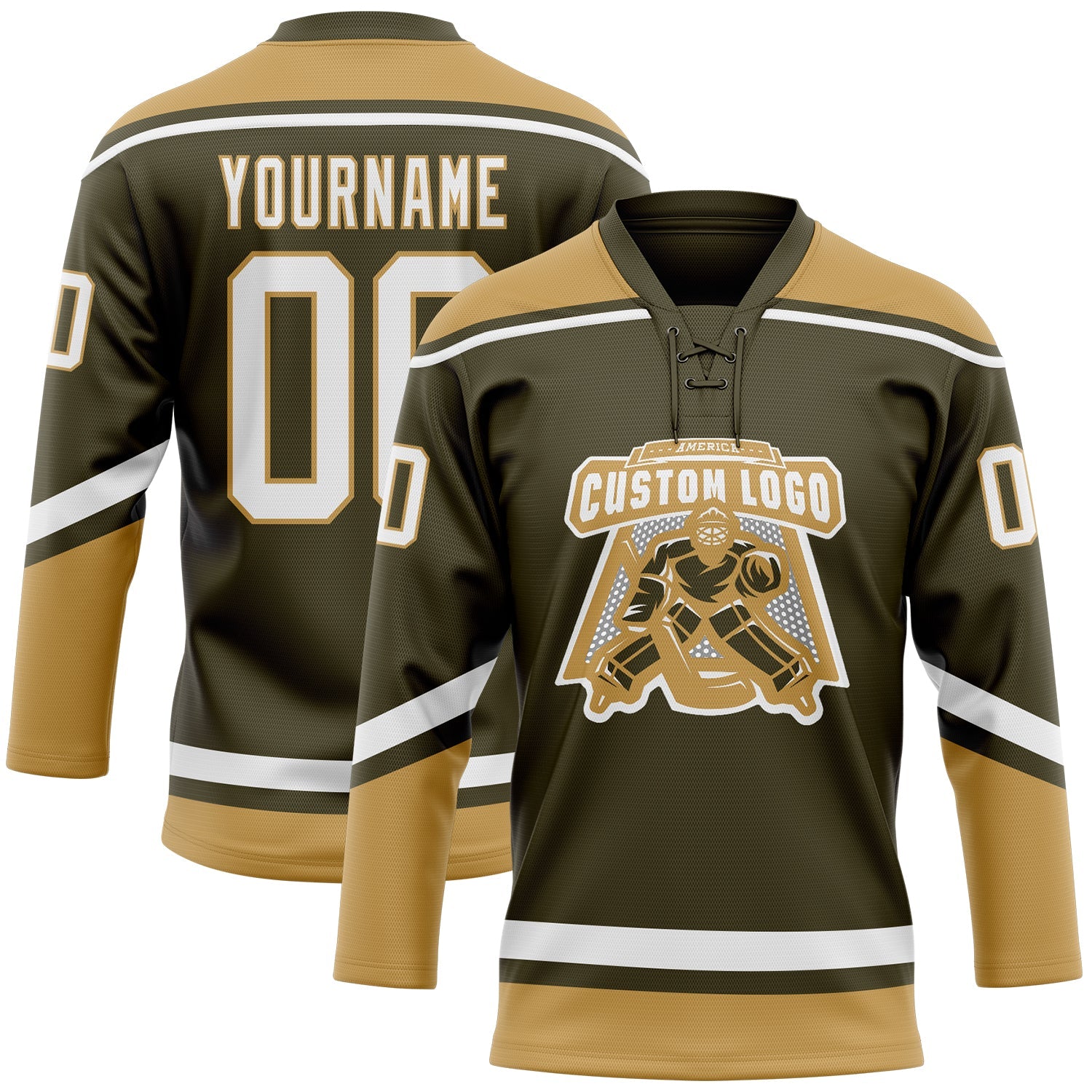 Custom Olive White-Old Gold Salute To Service Hockey Lace Neck Jersey view 2