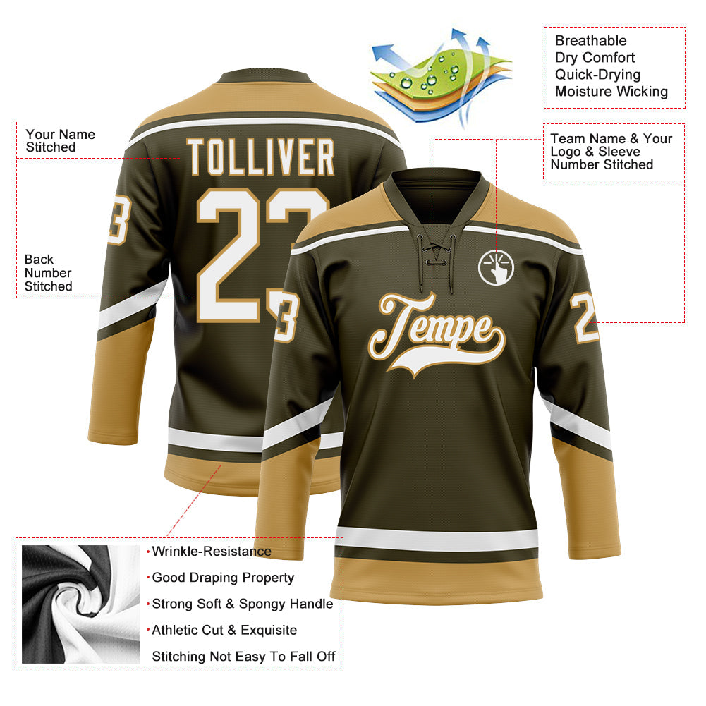 Custom Olive White-Old Gold Salute To Service Hockey Lace Neck Jersey view 3