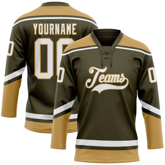 Custom Olive White-Old Gold Salute To Service Hockey Lace Neck Jersey - Main View