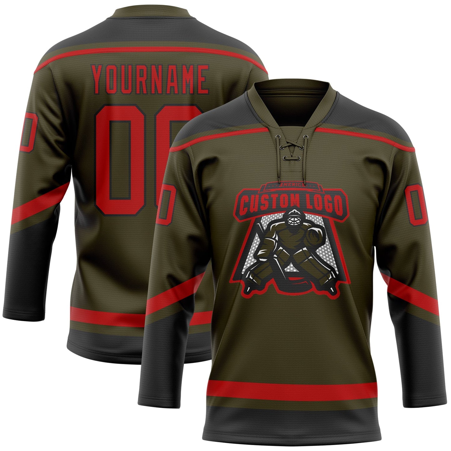 Custom Olive Red-Black Salute To Service Hockey Lace Neck Jersey view 2