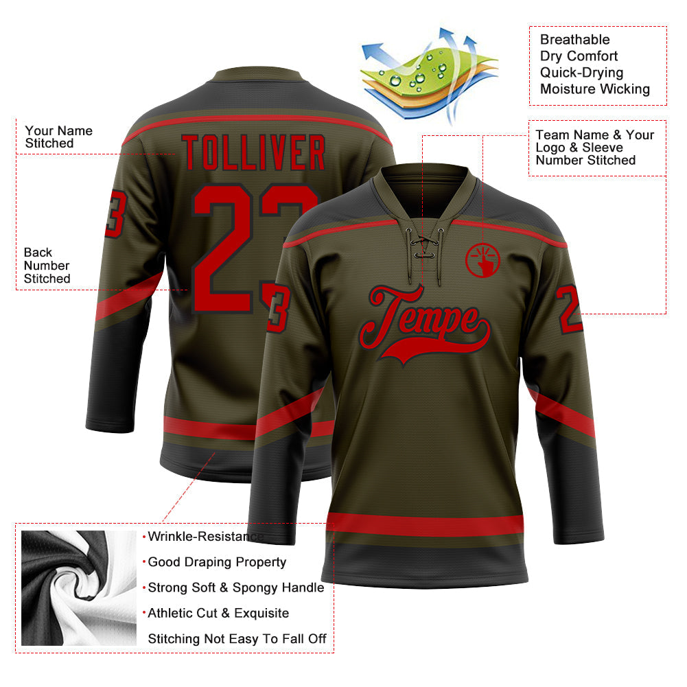 Custom Olive Red-Black Salute To Service Hockey Lace Neck Jersey view 3