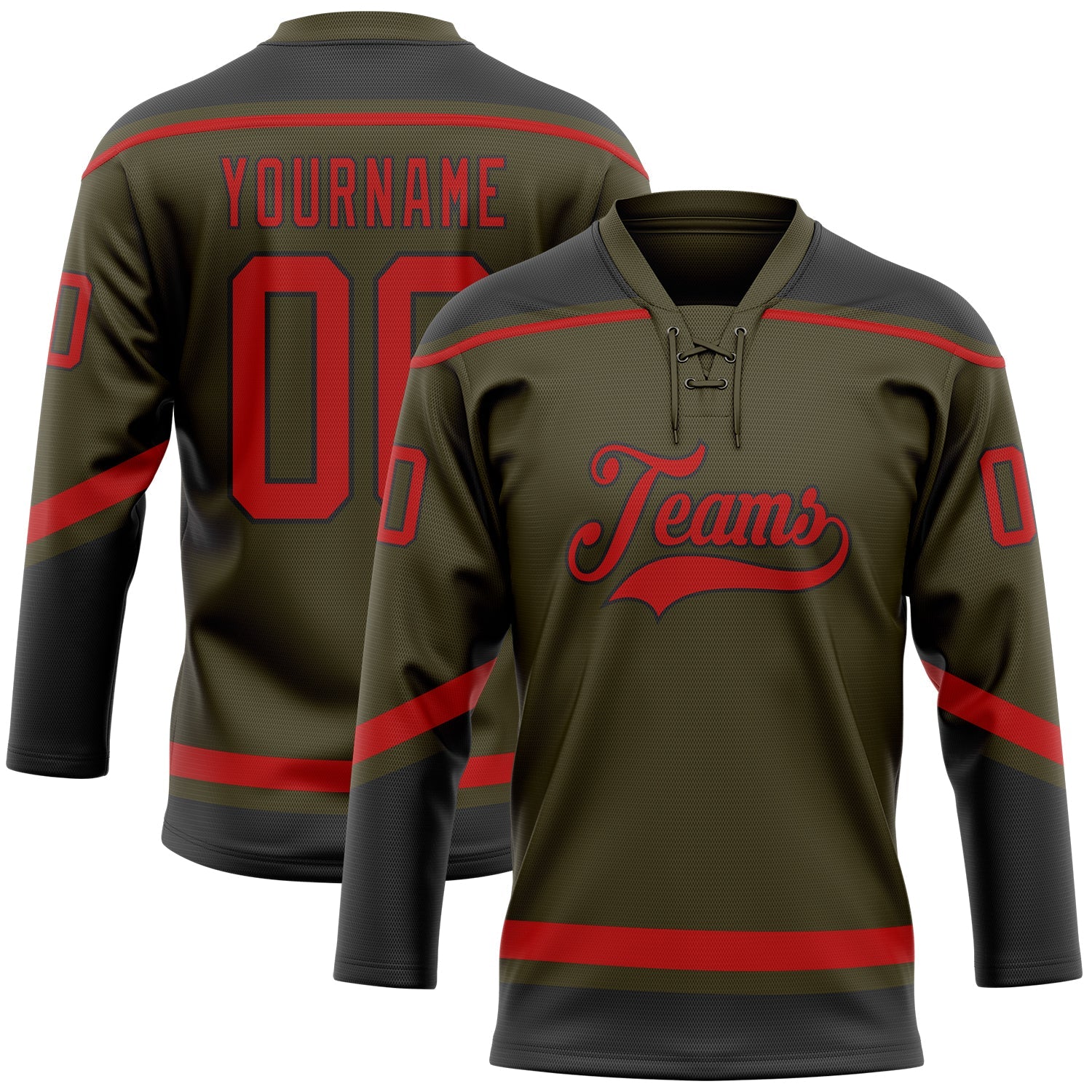 Custom Olive Red-Black Salute To Service Hockey Lace Neck Jersey - Main View