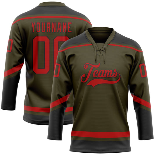 Custom Olive Red-Black Salute To Service Hockey Lace Neck Jersey - Main View