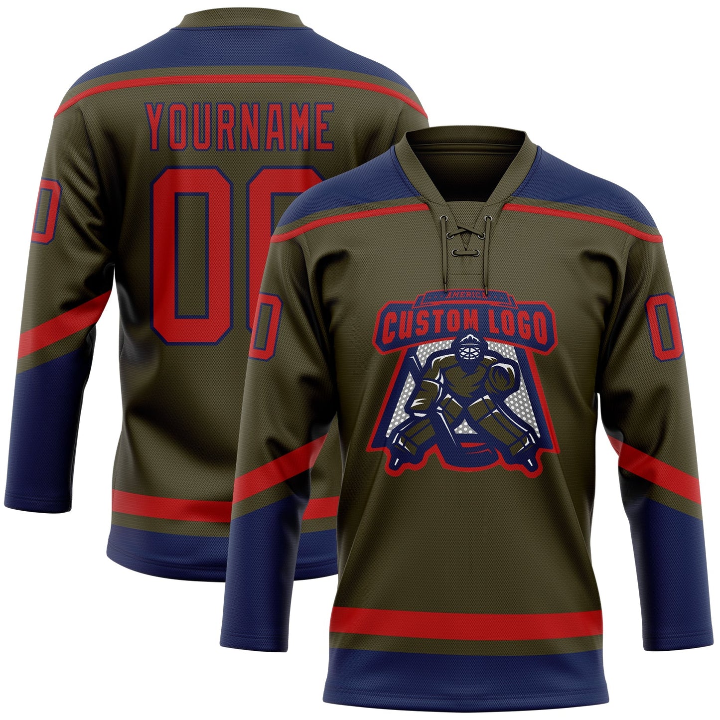 Custom Olive Red-Navy Salute To Service Hockey Lace Neck Jersey view 2