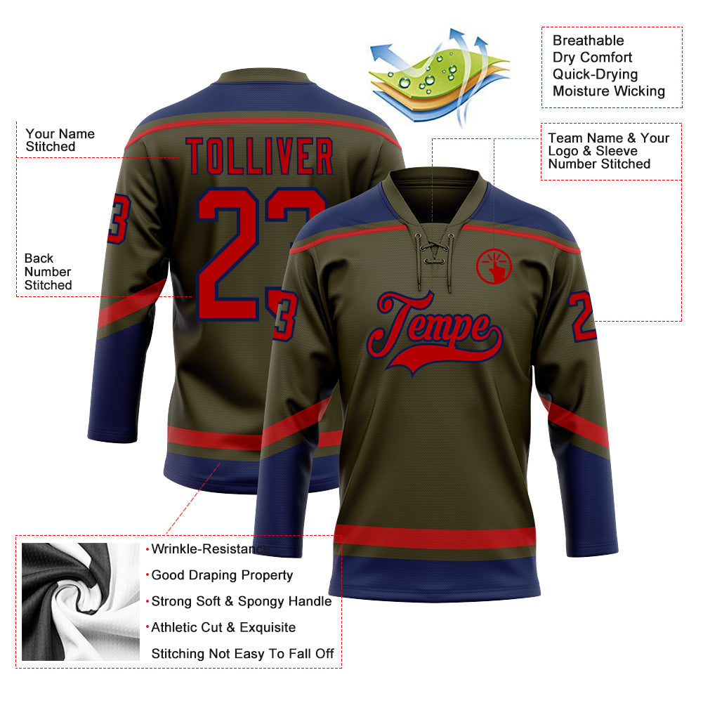 Custom Olive Red-Navy Salute To Service Hockey Lace Neck Jersey view 3