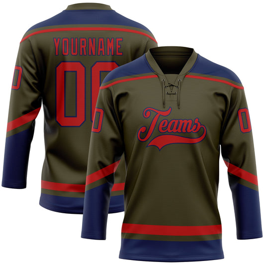 Custom Olive Red-Navy Salute To Service Hockey Lace Neck Jersey - Main View