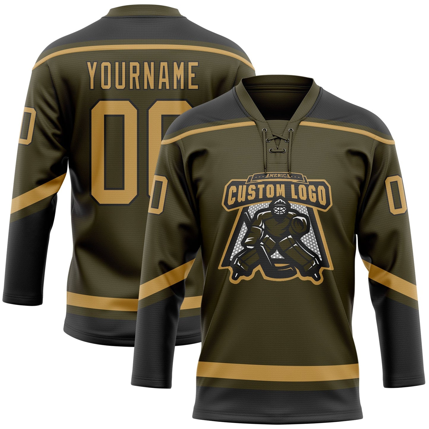 Custom Olive Old Gold-Black Salute To Service Hockey Lace Neck Jersey view 2