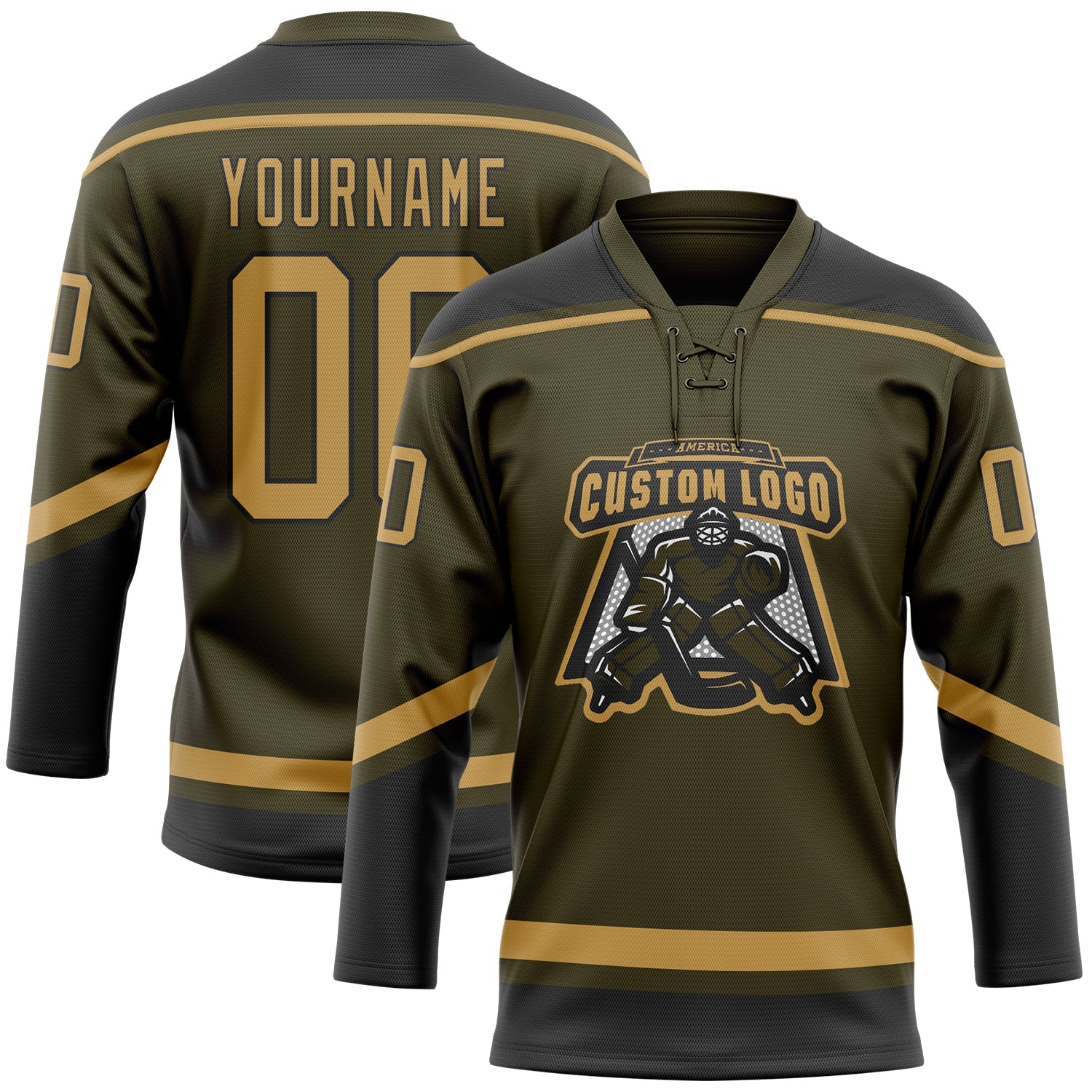 Custom Olive Old Gold-Black Salute To Service Hockey Lace Neck Jersey view 2