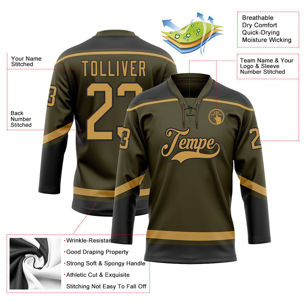 Custom Olive Old Gold-Black Salute To Service Hockey Lace Neck Jersey view 3
