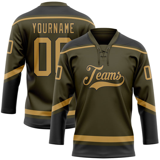 Custom Olive Old Gold-Black Salute To Service Hockey Lace Neck Jersey - Main View