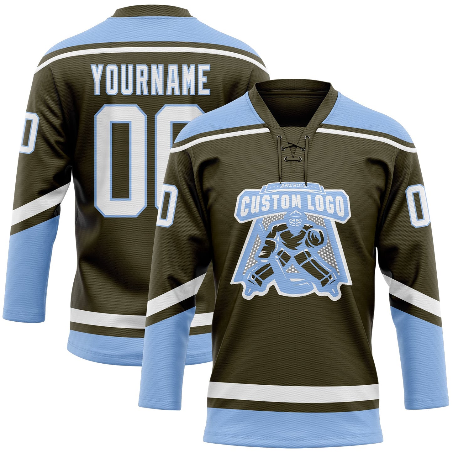 Custom Olive White-Light Blue Salute To Service Hockey Lace Neck Jersey view 2