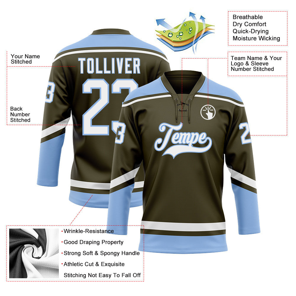 Custom Olive White-Light Blue Salute To Service Hockey Lace Neck Jersey view 3