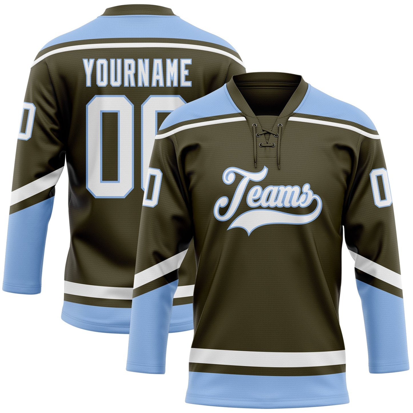 Custom Olive White-Light Blue Salute To Service Hockey Lace Neck Jersey - Main View