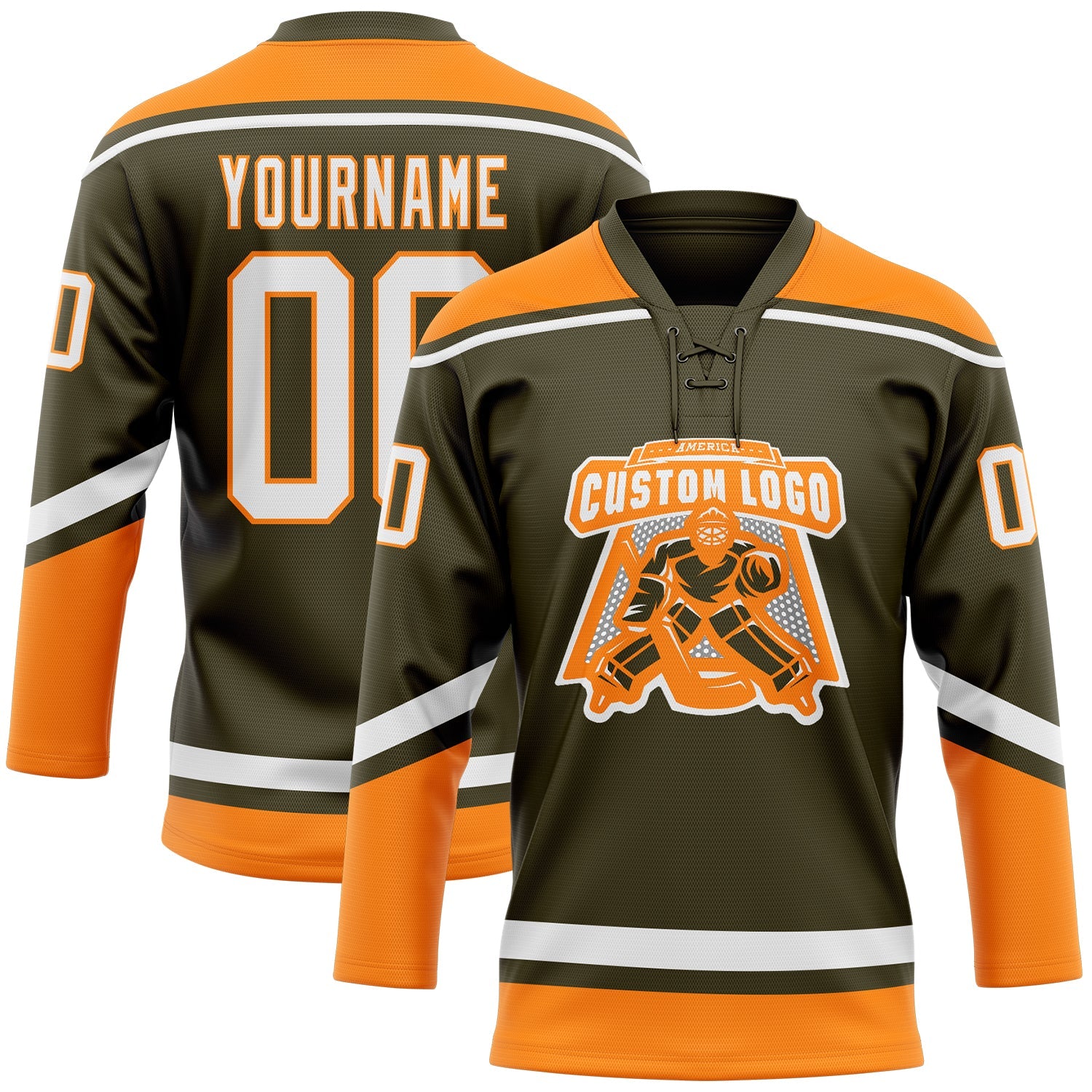 Custom Olive White-Bay Orange Salute To Service Hockey Lace Neck Jersey view 2