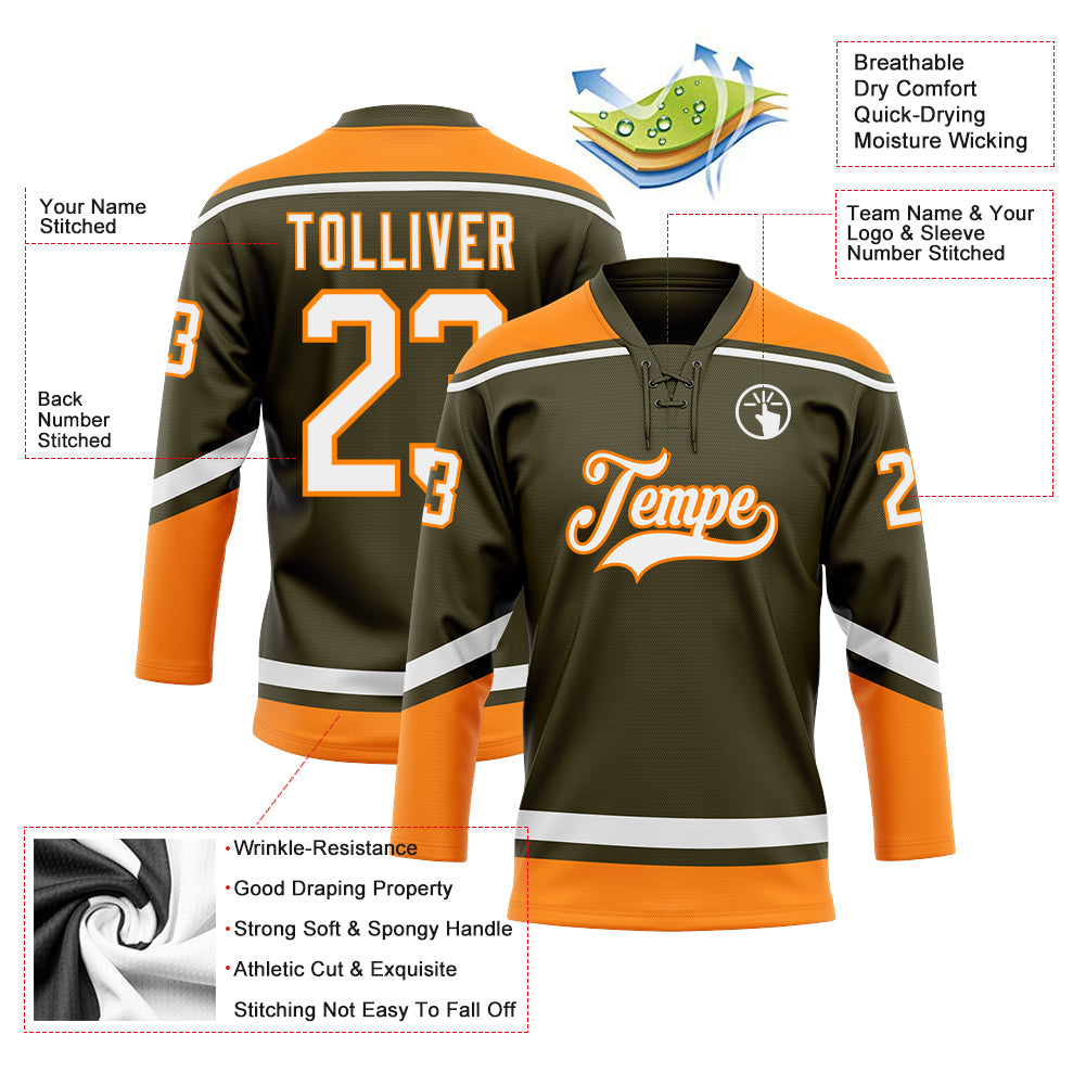 Custom Olive White-Bay Orange Salute To Service Hockey Lace Neck Jersey view 3