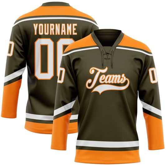 Custom Olive White-Bay Orange Salute To Service Hockey Lace Neck Jersey - Main View