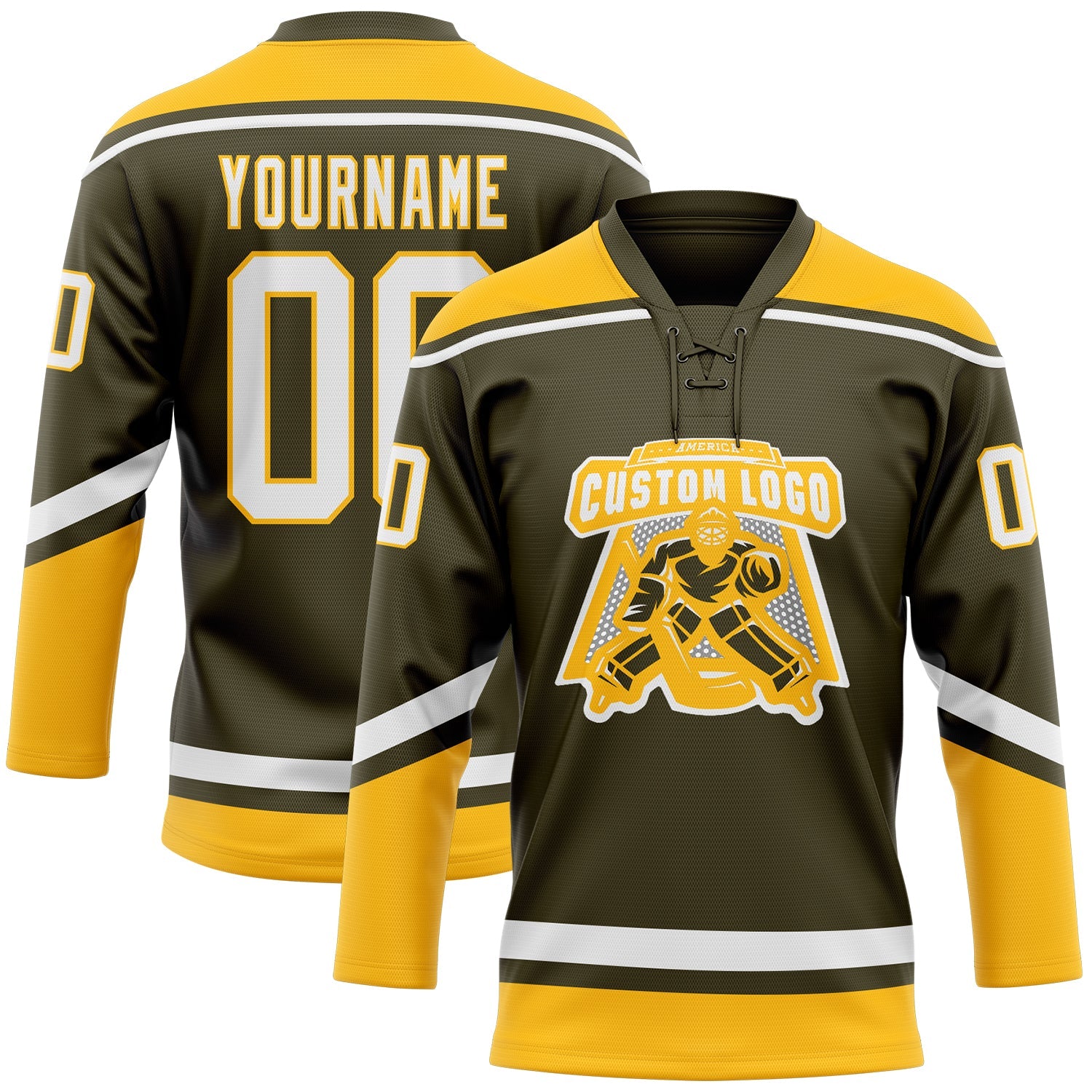 Custom Olive White-Gold Salute To Service Hockey Lace Neck Jersey view 2